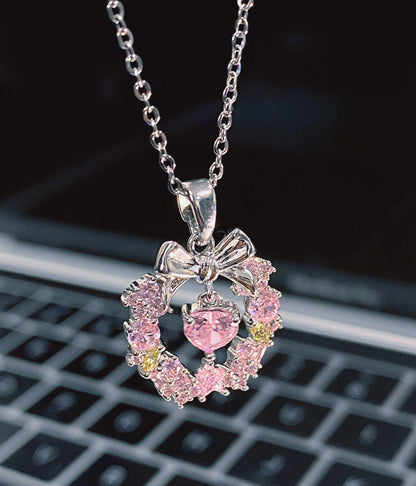 Pink crystal bow necklace