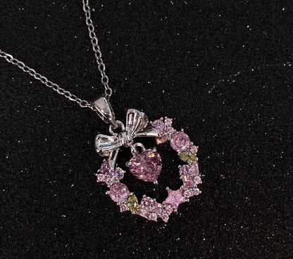 Pink crystal bow necklace