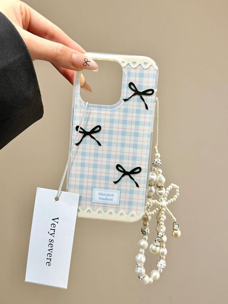 Checkered print black bow iphone case