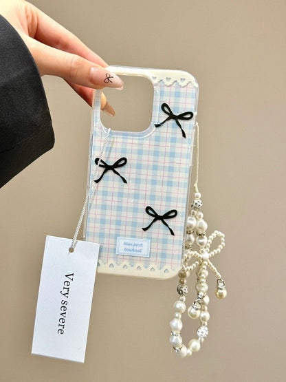 Checkered print black bow iphone case