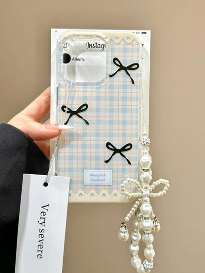 Checkered print black bow iphone case