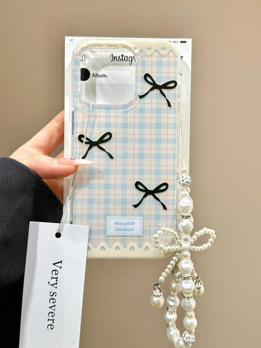 Checkered print black bow iphone case